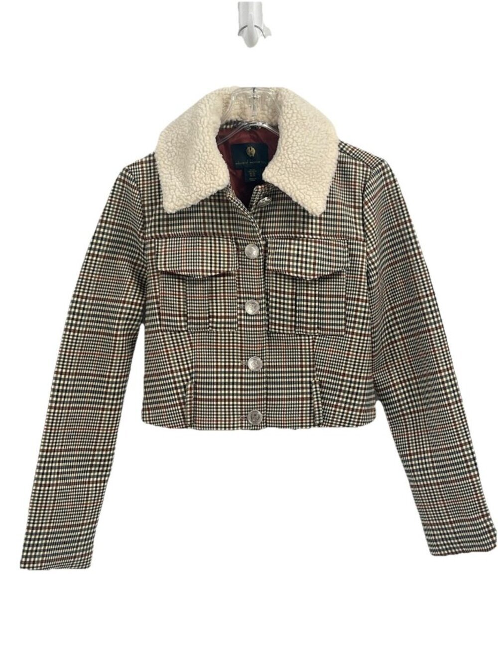House of Harlow Cropped Plaid Sherpa Jacket Sz XS Y2K Revival Preppy Cozy Glam